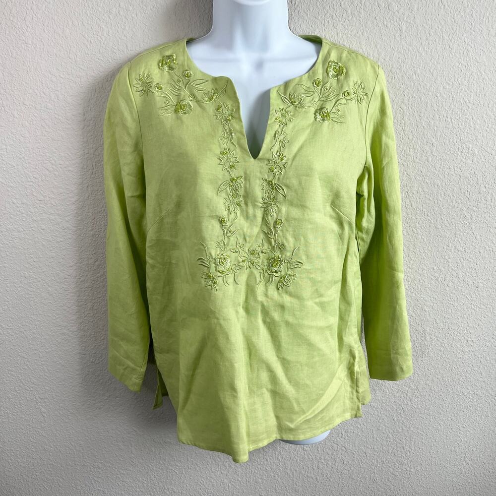 Edward Tunic Women's S Green Beaded Embroidered Irish Linen Relaxed Top Modest
